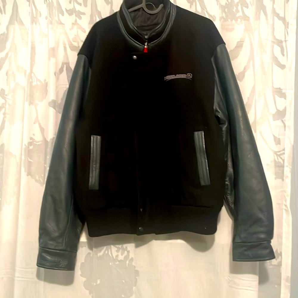 Sportswear Letterman Jacket size medium blue grey leather Sleeves and black wool